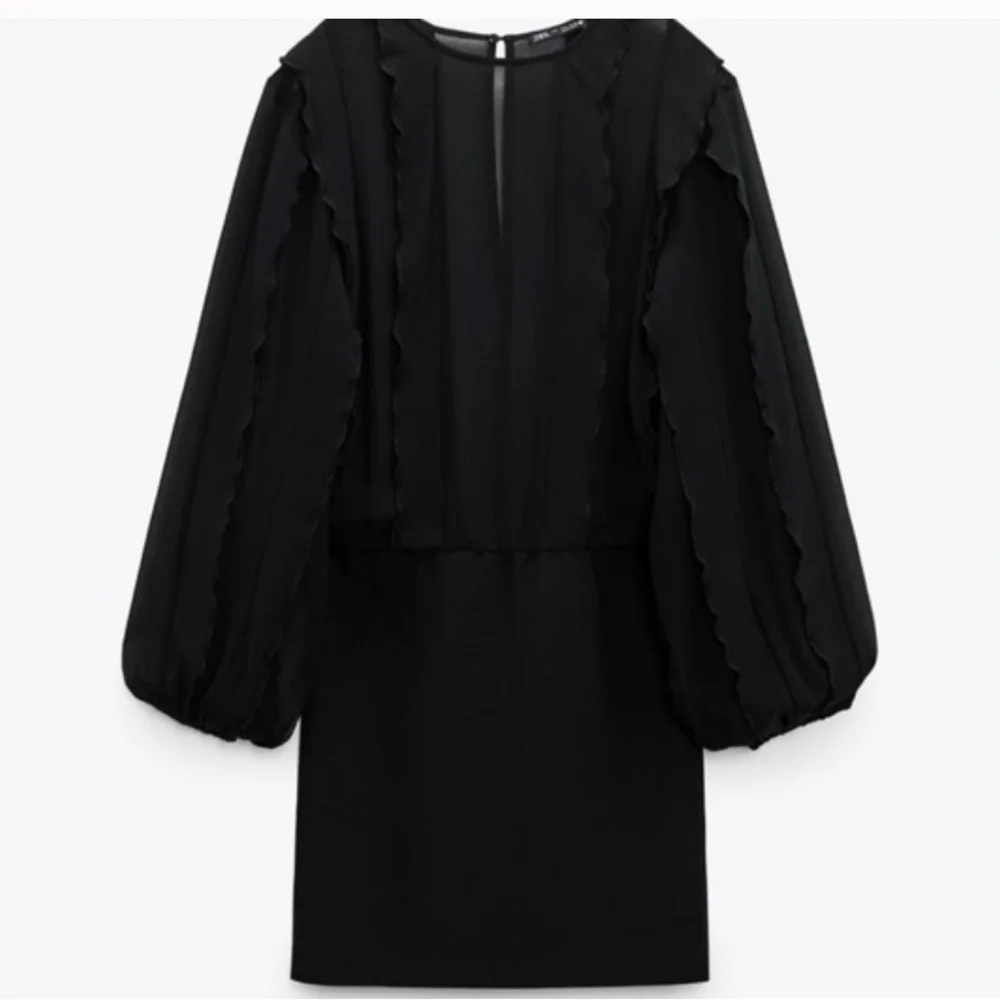 Zara Short Ruffle Dress, Sheer Black Long Sleeve, Parties, Dance, Cocktails, M - Picture 6 of 13